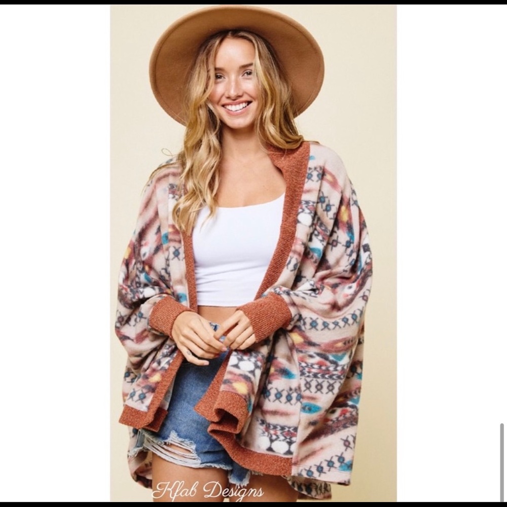 New!Sale❤️Rust Contrast Tribal Aztec Print Cuff Detail Design Open Soft Cardigan - Picture 6 of 6